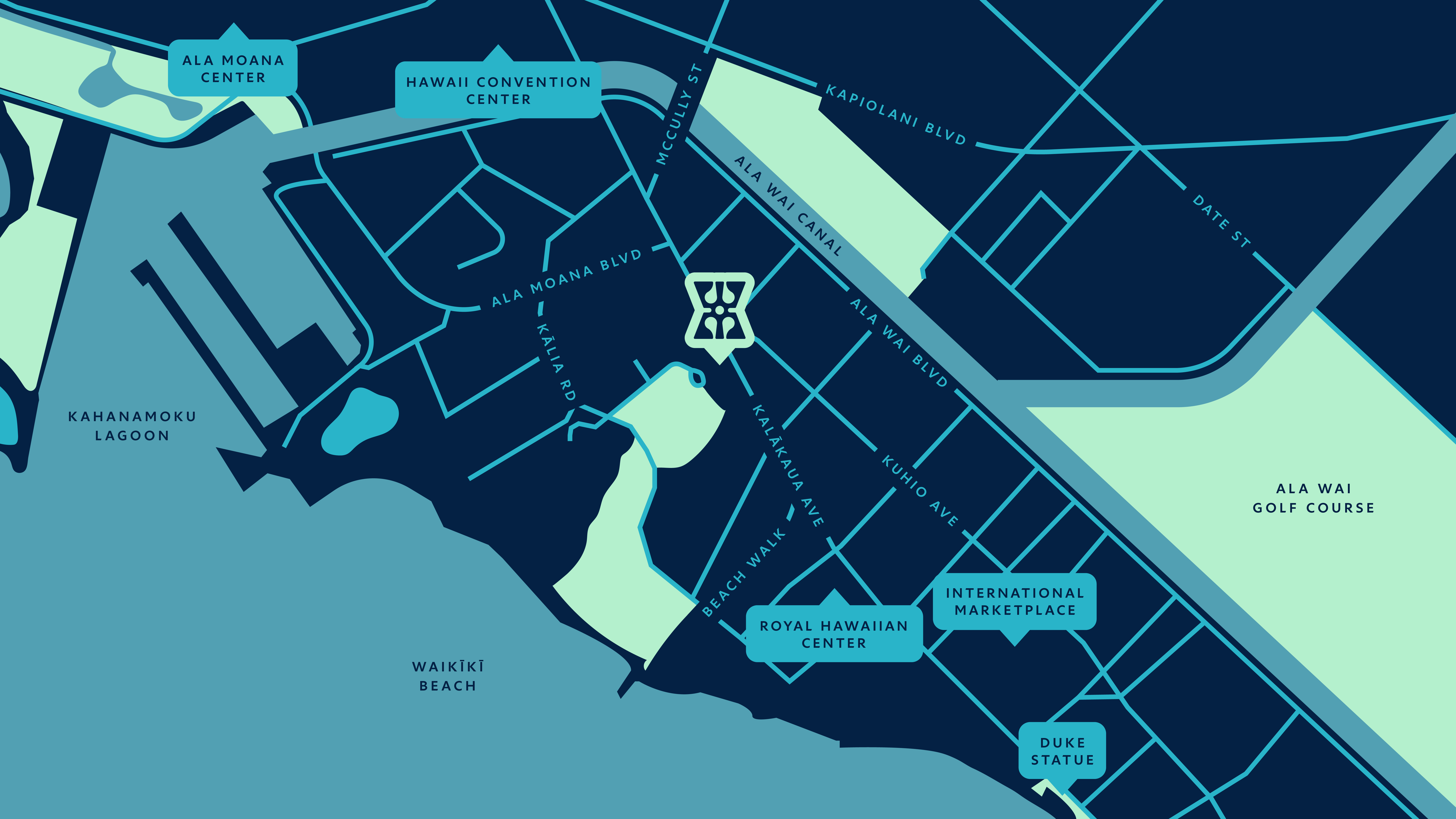 Map of Waikīkī showing Kālia Theatre's location near Kalākaua Avenue and the Ala Wai Canal