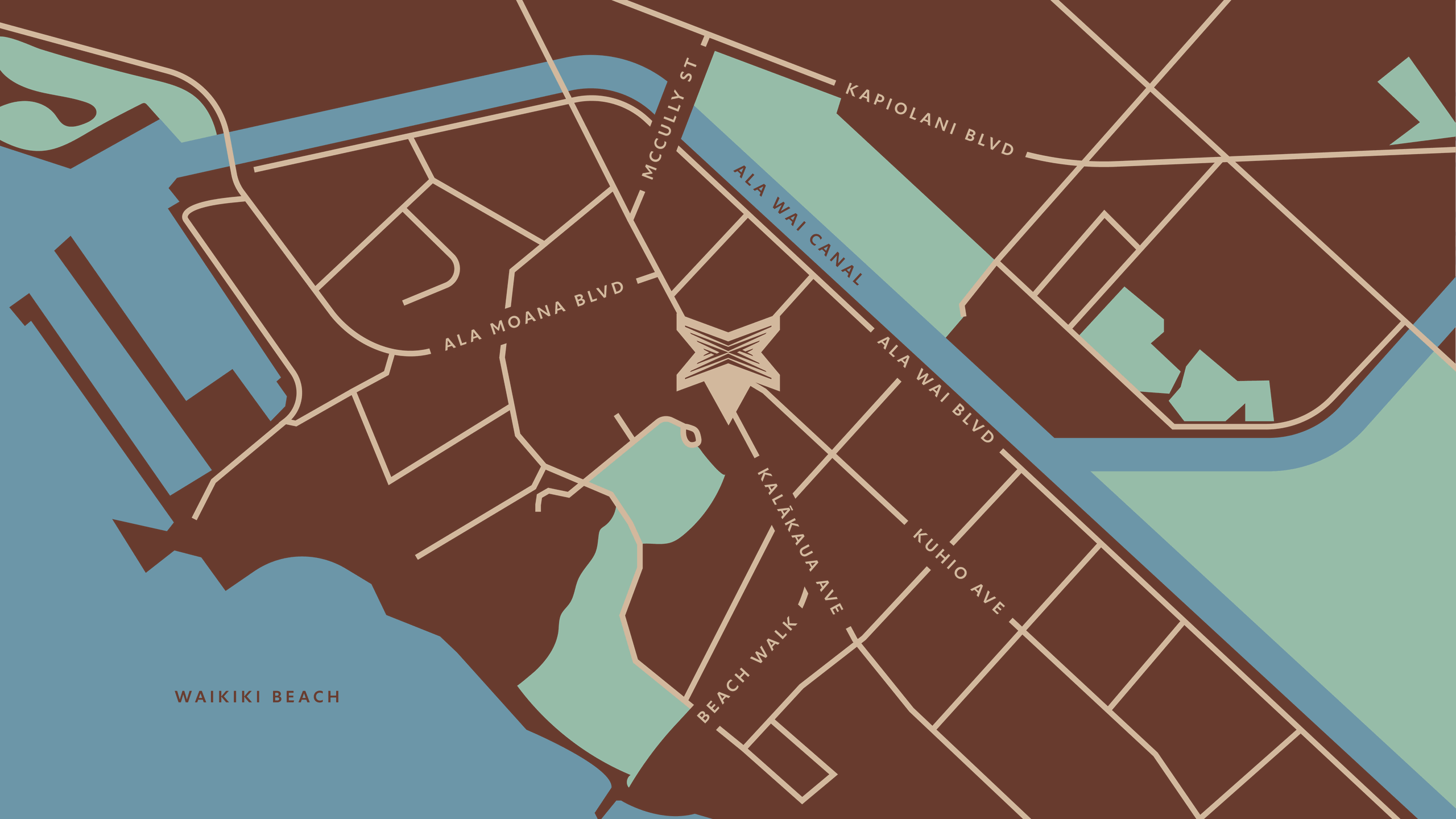 Map of Waikīkī showing Kalia Theatre's location near Kalākaua Avenue and the Ala Wai Canal